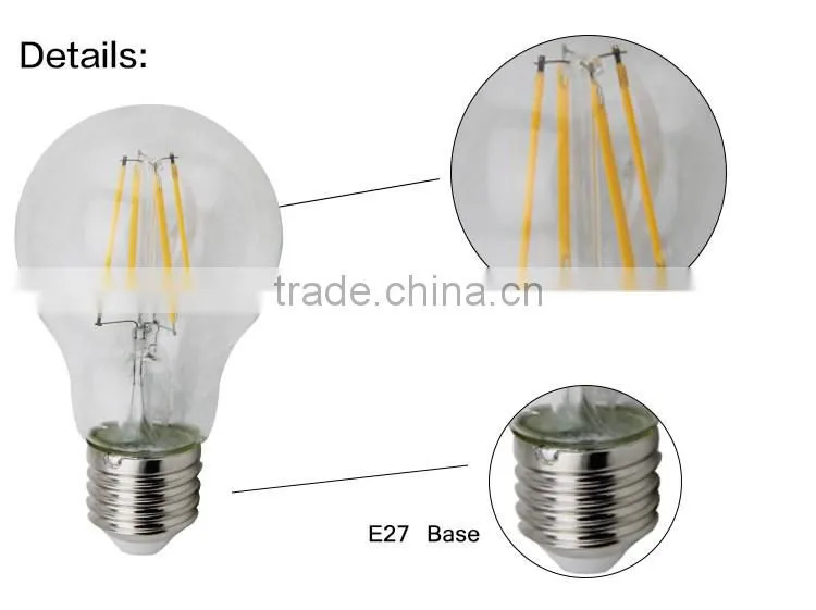 Glass Lamp Body Material E27 Base Type A60 6W Led Filament Bulb