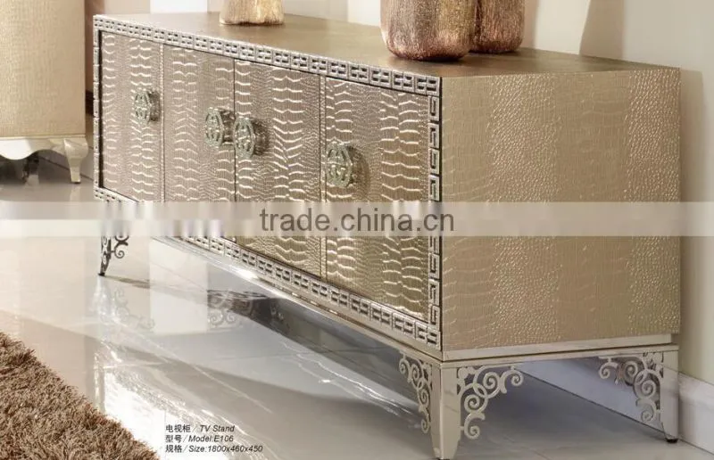 long cheap MDF unique design golden stainless steel legs tv stand for wall unit