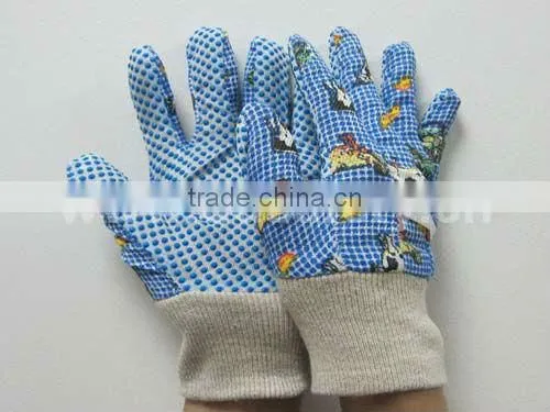 Blue Cotton Cloth Garden Gloves With Blue PVC Dots On Palm Safety Gloves