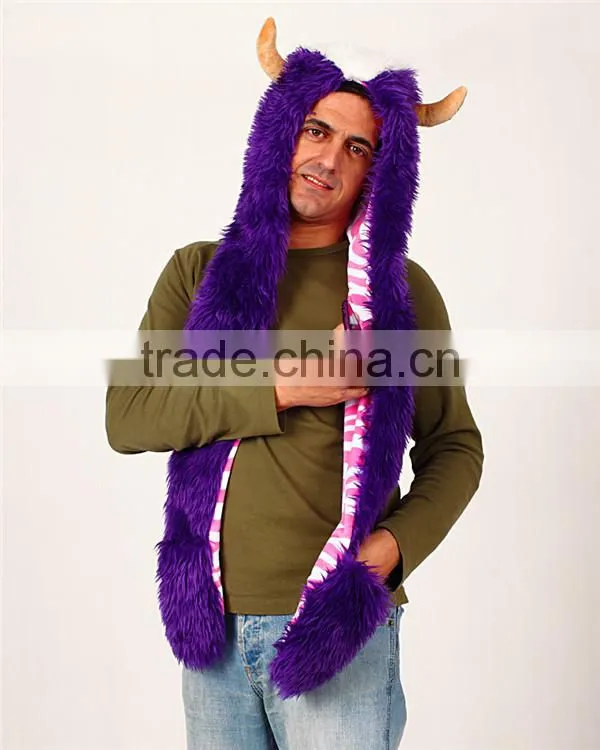 Faux fur adult beanies plush animal head hat scarf glove