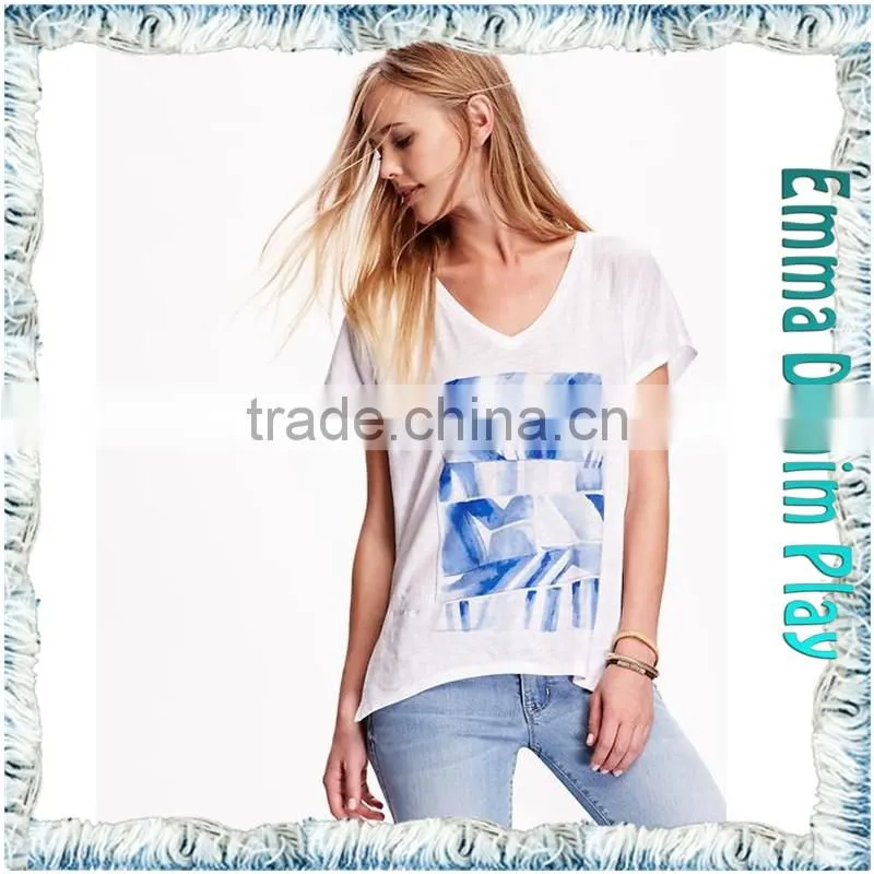 2016 Top Custom Designs Ditigal Printing Girls Open Hem Deep V Neck T-Shirt