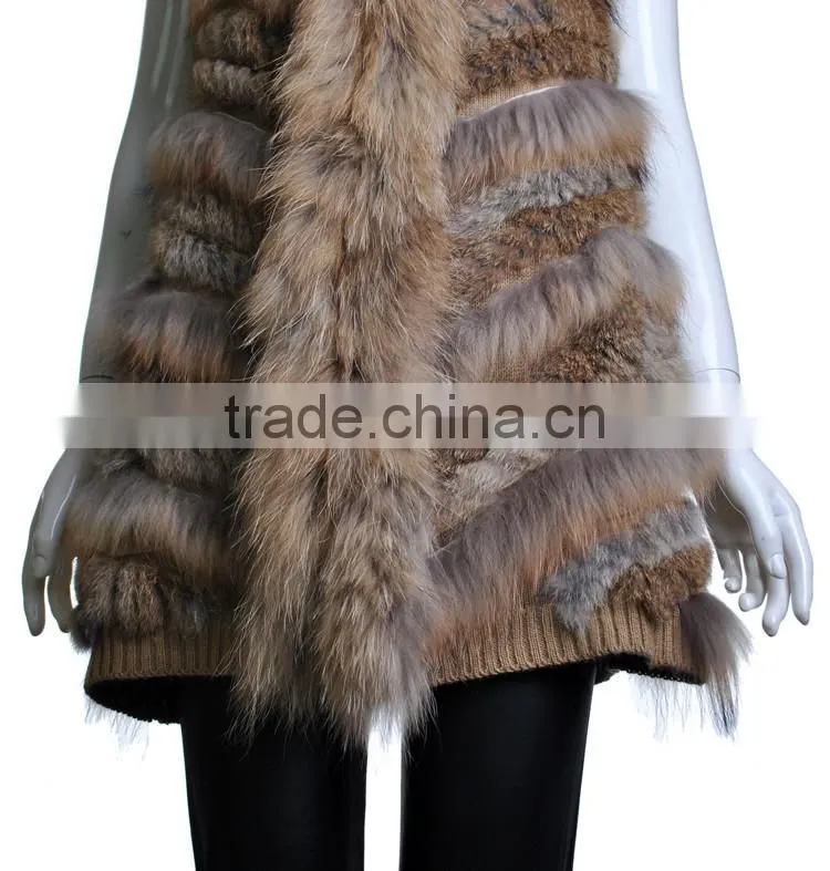 YR646 Stylish Real Rabbit Knit and Raccoon Fur Waistcoat Euro Long Fur Gilet