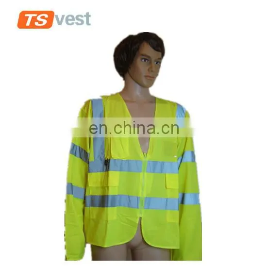 Multi-pockets long sleeves fluorescent yellow safety waistcoat