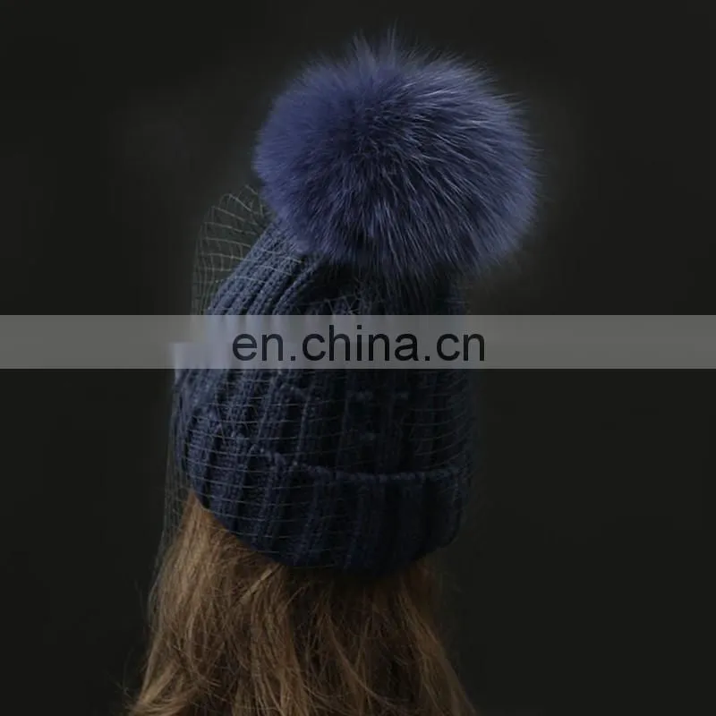 Winter fashion real big fox fur pom pom weaven hats with jacobs