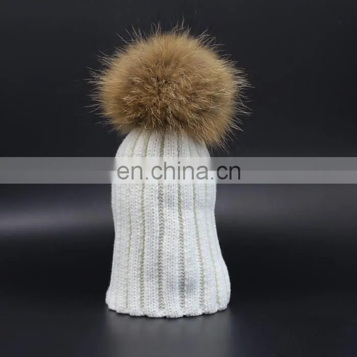 Top Lovely Light Blue Color Knitted Hat With Large Raccoon Fur Pom Pom Classic Fur Pom Hat Baby