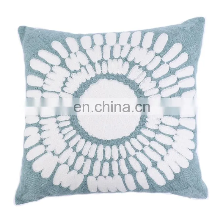 Turquoise Mandala Accent Pure Cotton Sunflower Decor Floral Pattern Embroidered Decorative Cushion Cover