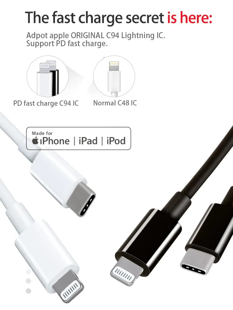 18w pd fast charger type c to lightning cable fast charging mfi cable for iphone