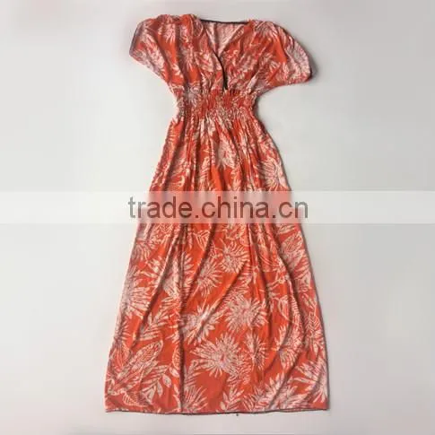 Deep V Collar White Leaves Short Sleeve Big Size Dress