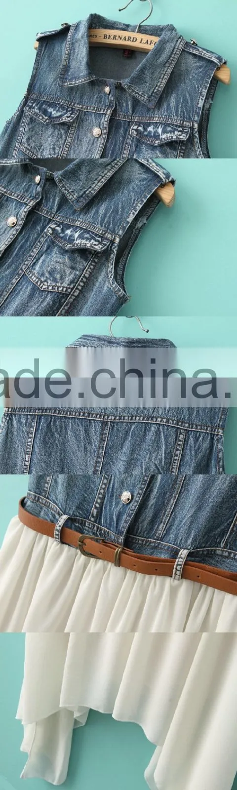 2015 high fashion denim match chiffion ladies denim chiffon dress