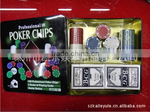 Poker Chips plus 2 playing cards in tin box /Window Box/ Aluminum box