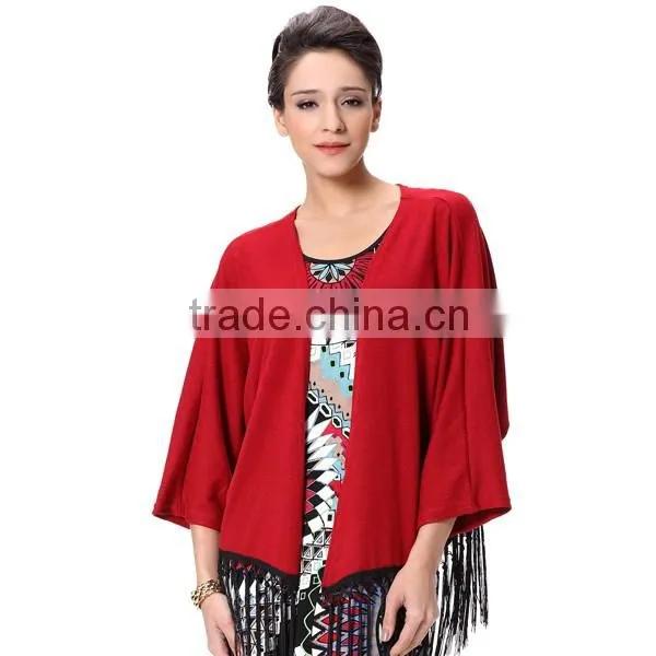 Women Garment Factory Low Price Red Coat Tassel Long Sleeves Tops