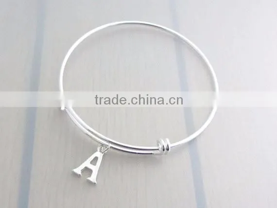 Custom adjustable Silver plated Initial letter Charm Bangles