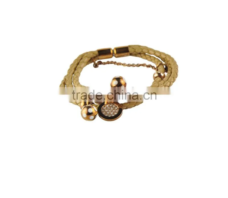 Beautiful Stainless Steel Leather Bangle with Gold Plating 316L Leather Bracelet