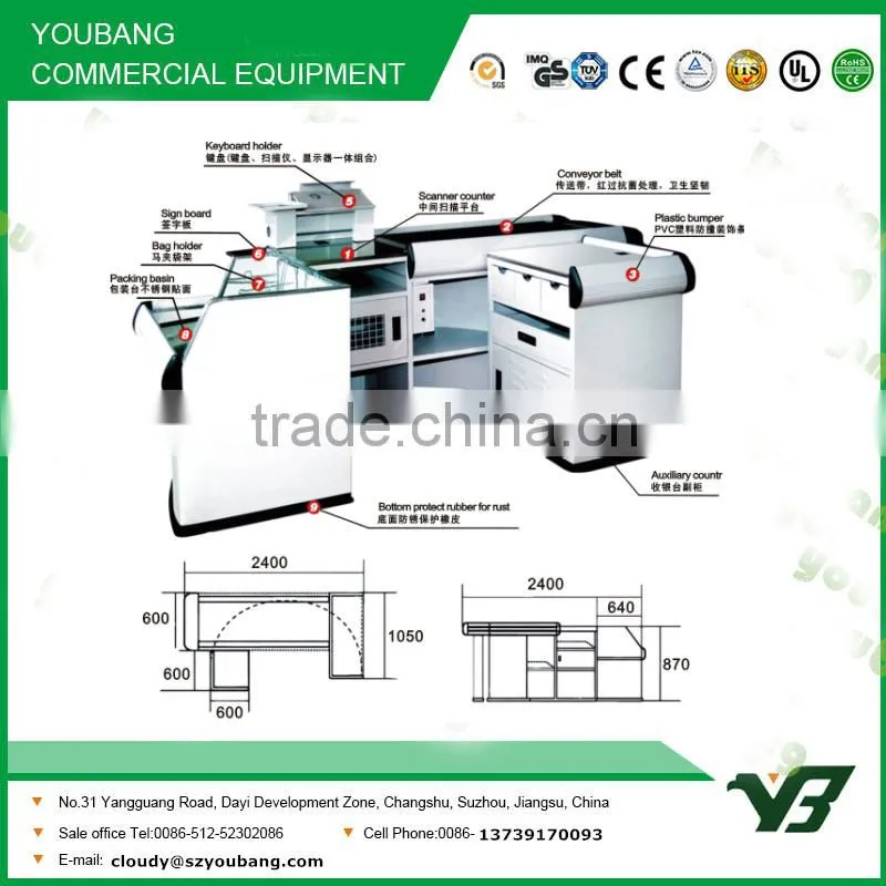 Hot sell good cheap blue color supermarket checkout counter with conveyor belt (YB-H08)