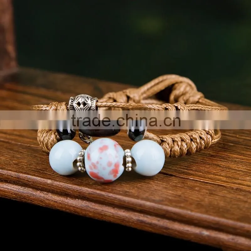 Handmade Vintage Porcelain Beads Bracelet Leather Woven Bracelets