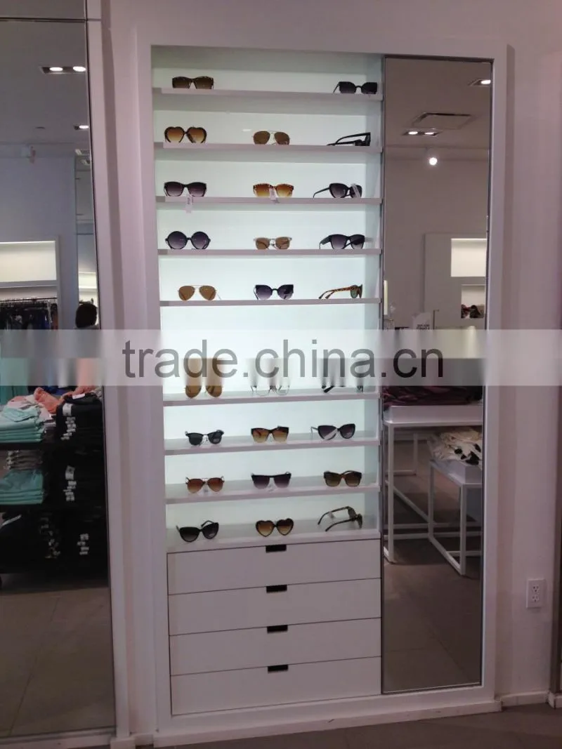 wooden sunglasses display shelf