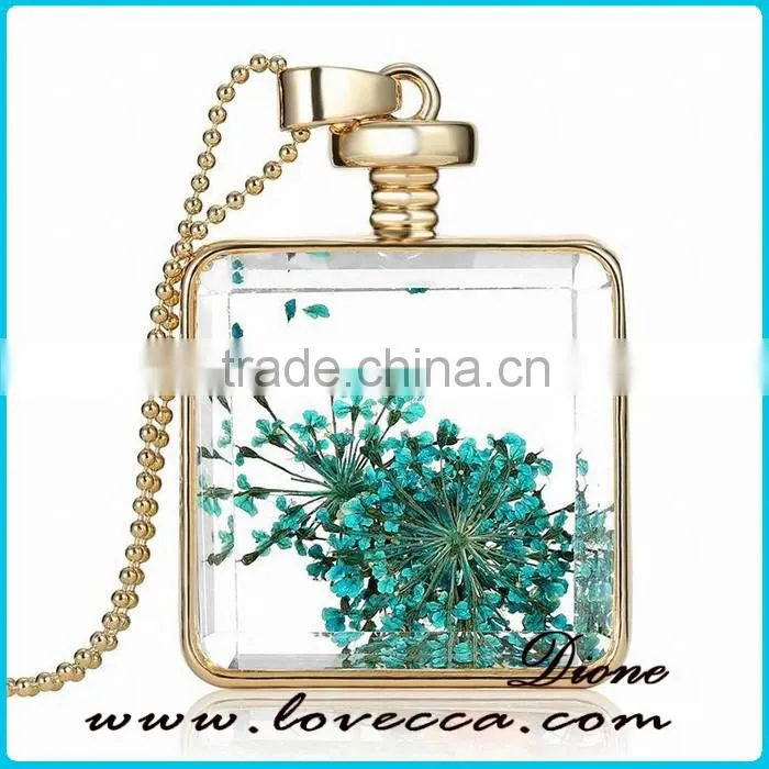 Fashion real flower special charm jewelry silver plated square necklace
