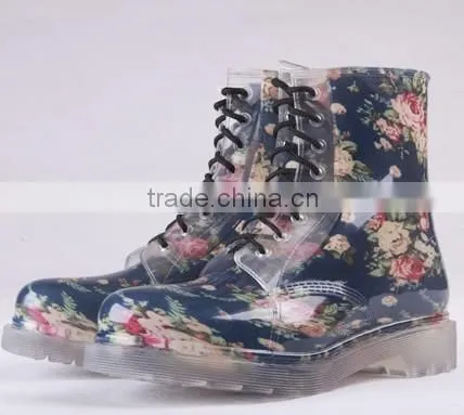 2013 fashion shoe lace dark floral pvc rain boots