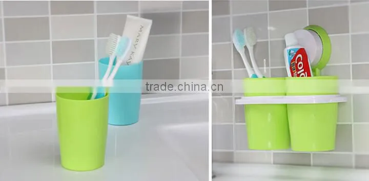 Sucker Hanging Plastic Two Cup Toothbrush Holder