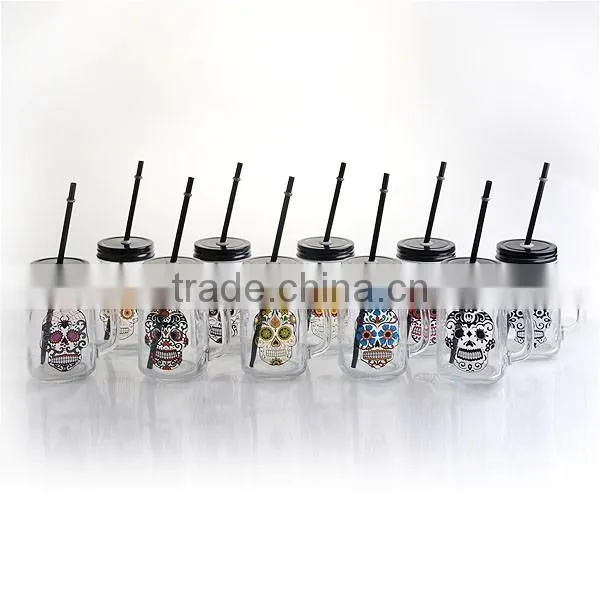 15.5oz Halloween skull color paper with lid straw with handle