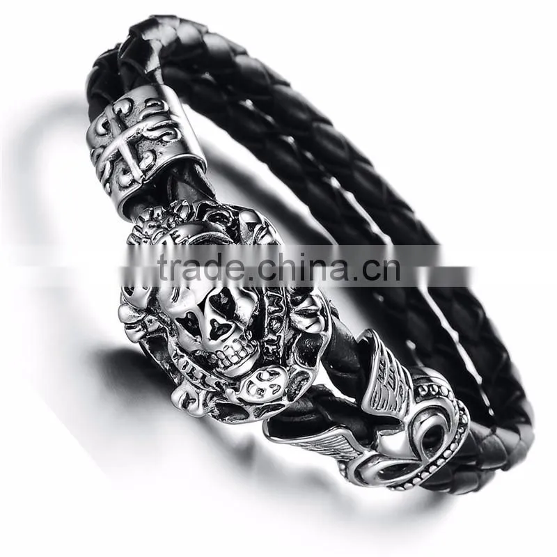 New trending skull style stainlesss steel genuine leather bracelet men