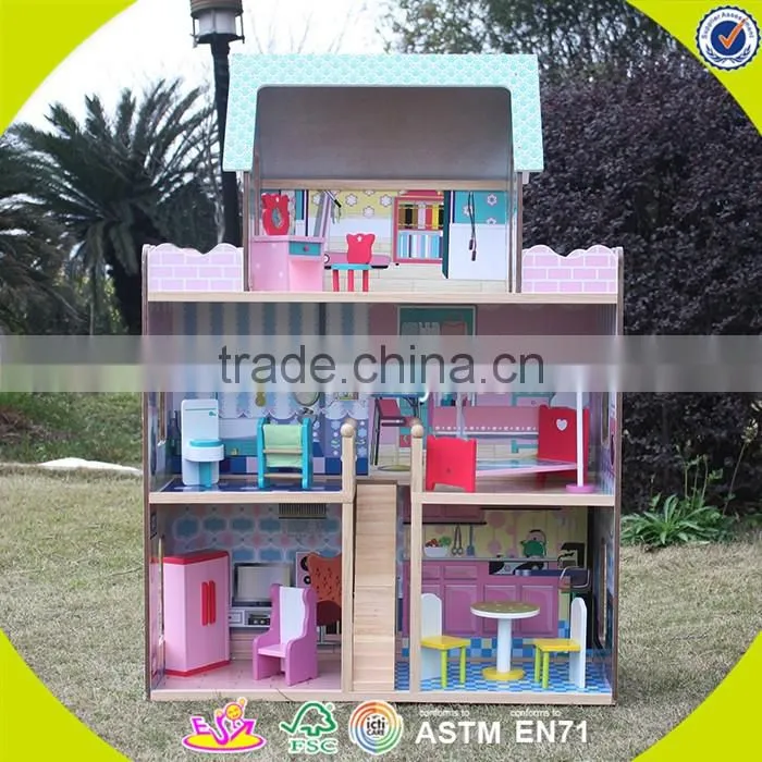 wholesale lovely role play kids wooden dollhouse delicate style children's wooden pink dollhouse for sale W06A032