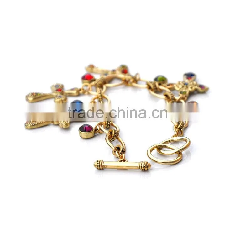 colorful rhinestone cross charms gold chain bracelet tiny crystal charms goldfill chain bracelet