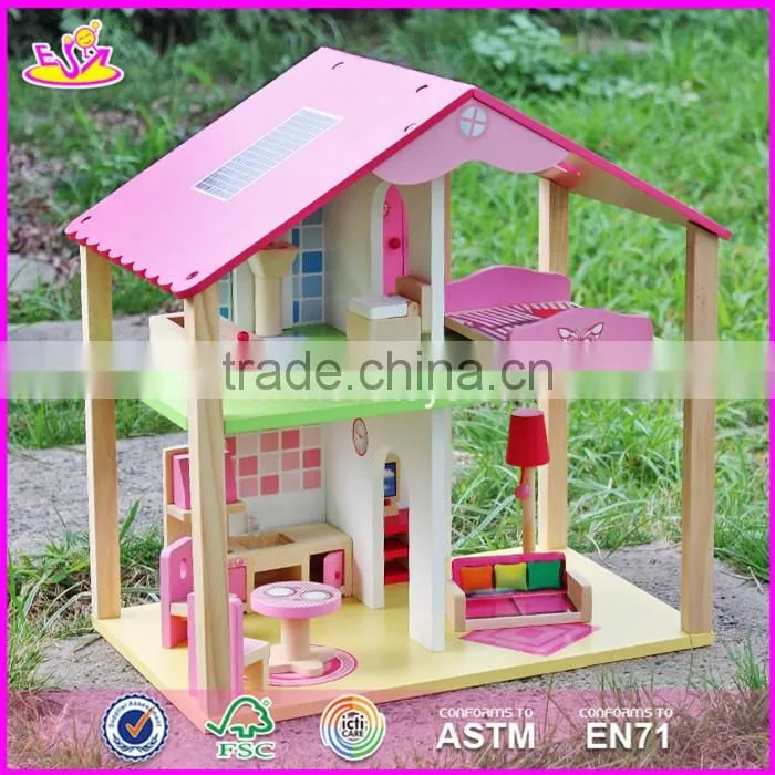 2017 New products lovely girls pink wooden dolls house for sale W06A165