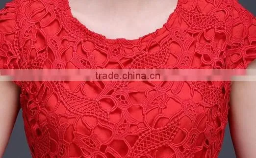 newest red lace plain young girl short sleeve casual dress
