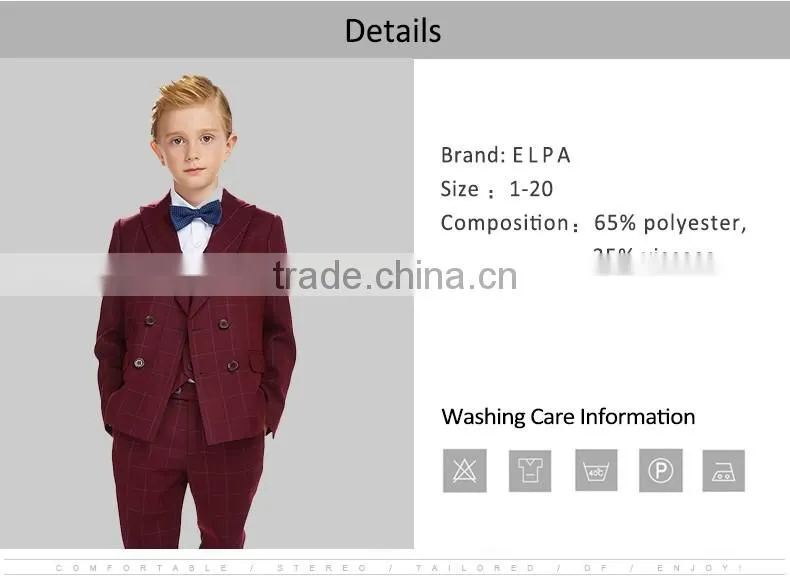 ELPA 2016 Fashion NXB0058 hot sale three pieces Red plaid kids suits clothes for wedding