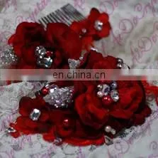 Aidocrystal Red bridal wedding hairpiece,red flower with pearl bridal hair flower accessories, hair clip