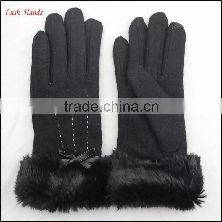 women woolen cheap hand gloves winter dress gloves with black fake fur