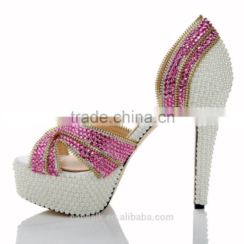 2015 Luxurious Diamond Pearl Upper Dress Shoes for Women Girls White Dress Shoes