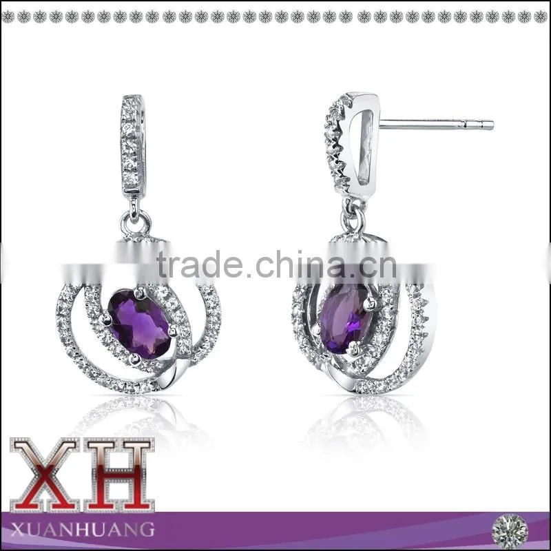Genuine Amethyst 14K White Gold Halo Dangle Earrings