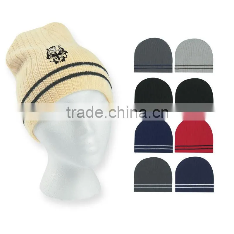 Ribbed Knit Beanie With Double Stripe