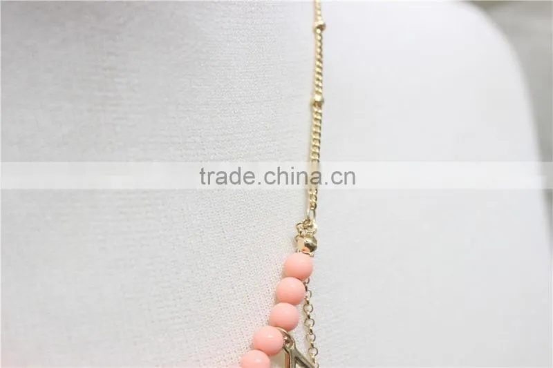 Gold Leaf w/ Pink Turquoise Pendant Necklace Goldtone Triple Necklace Satellite Chain Necklace 2016 Fashion Style Wholesale