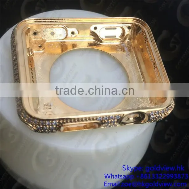 Newest hot selling, crystal steel metal case housing for apple watch 24k gold plated