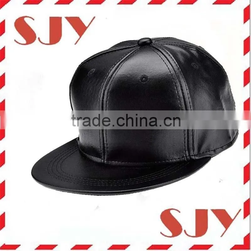 Blank Wholesale Flat Brim 6 Panel PU Leather Snapback Baseball Hat