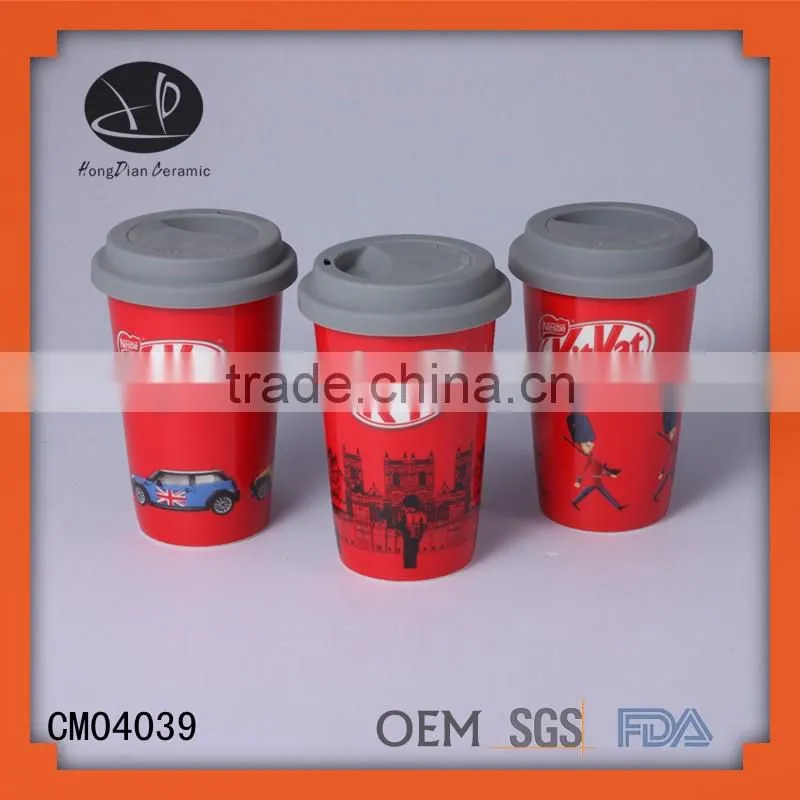 porcelain mug & silicone lid,white ceramic reusable coffee cup factory good quality