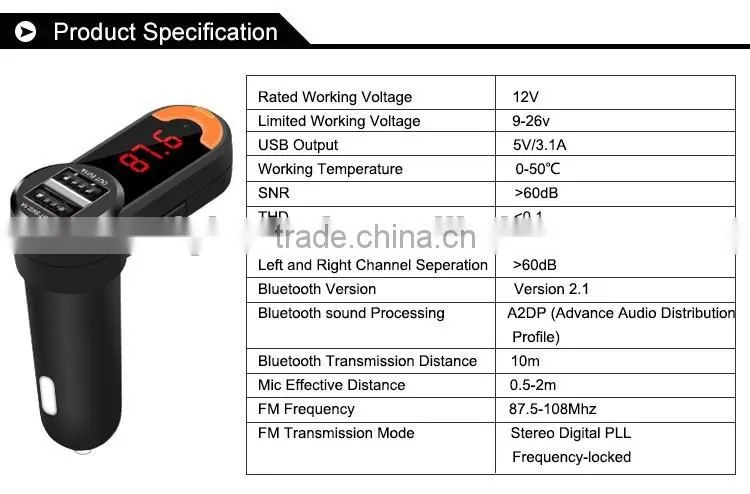 Wireless Bluetooth Car Kit with Portable Dual USB car charger Hands Free MP3 Player FM Transmitter