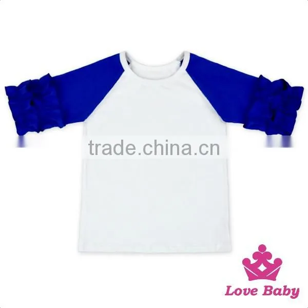 High Quality Raglan Sleeve Soft Cotton White Tops Fabric With Ruffle Green Sleeves Kids Girls Clothing
