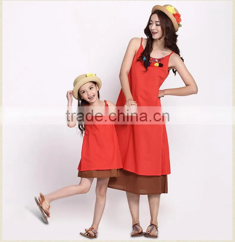 2015 New design of orange linen cotton Mommy and Me party dress for Hallowmas Party clothes