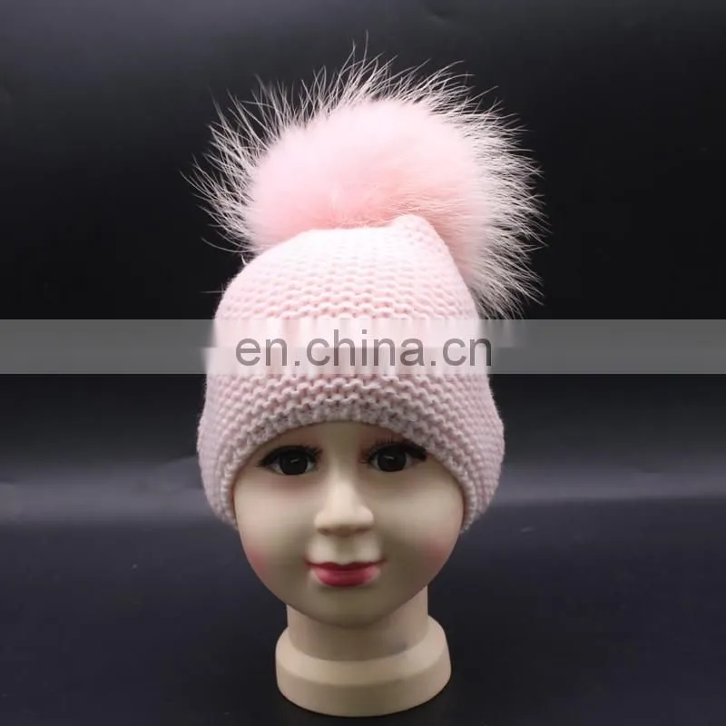 Fashion Kids Winter Knitted Raccoon Fur Pompom 100% Acrylic Knitted Beanie Hat