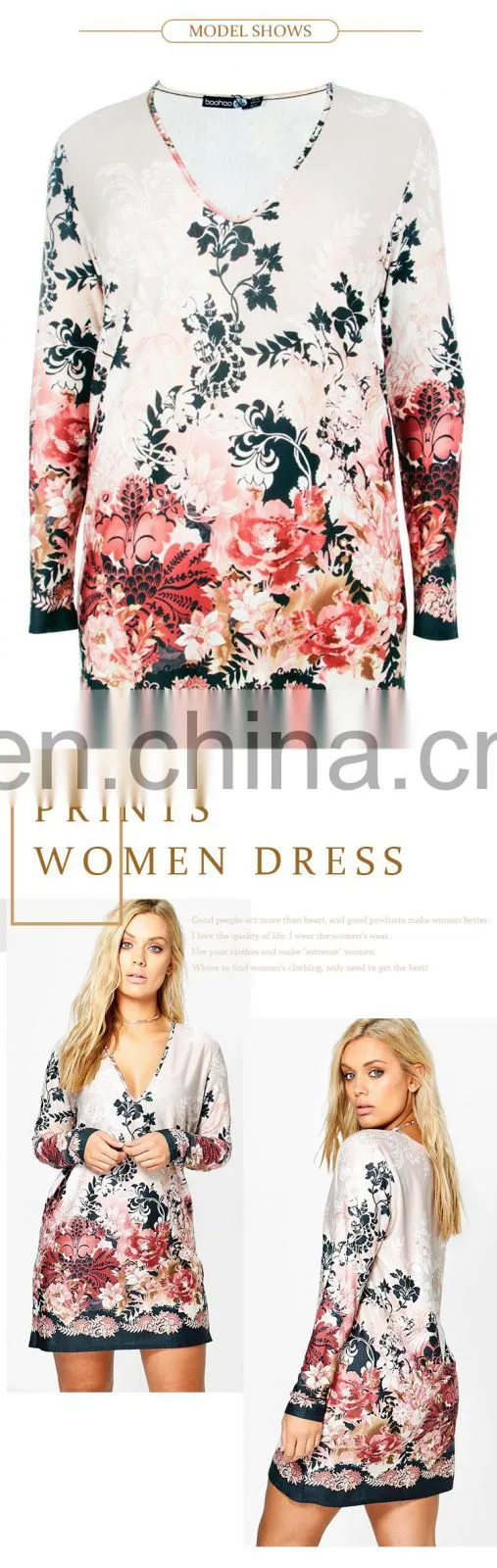 summer clothes custom v neck Printed long sleeve women mini dress