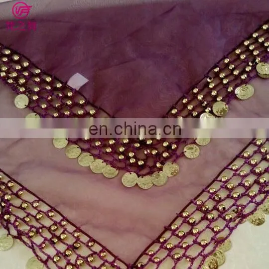 Arabic organza retangal 50*50cm belly dance veil scarf with handmade siver and gold coins P-9037