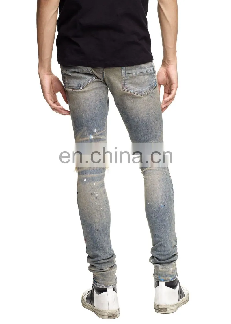 DiZNEW Indigo Dirty Damaged Paint Splash Denim Jeans For Men