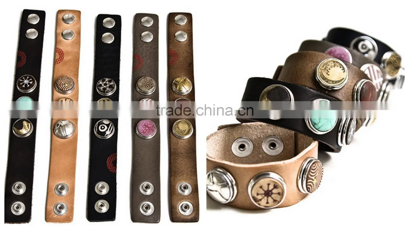 2015 new products leather snap botton natural stone bracelet