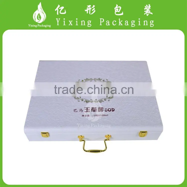 YIXING luxury white PU leather packaging box with metal handle
