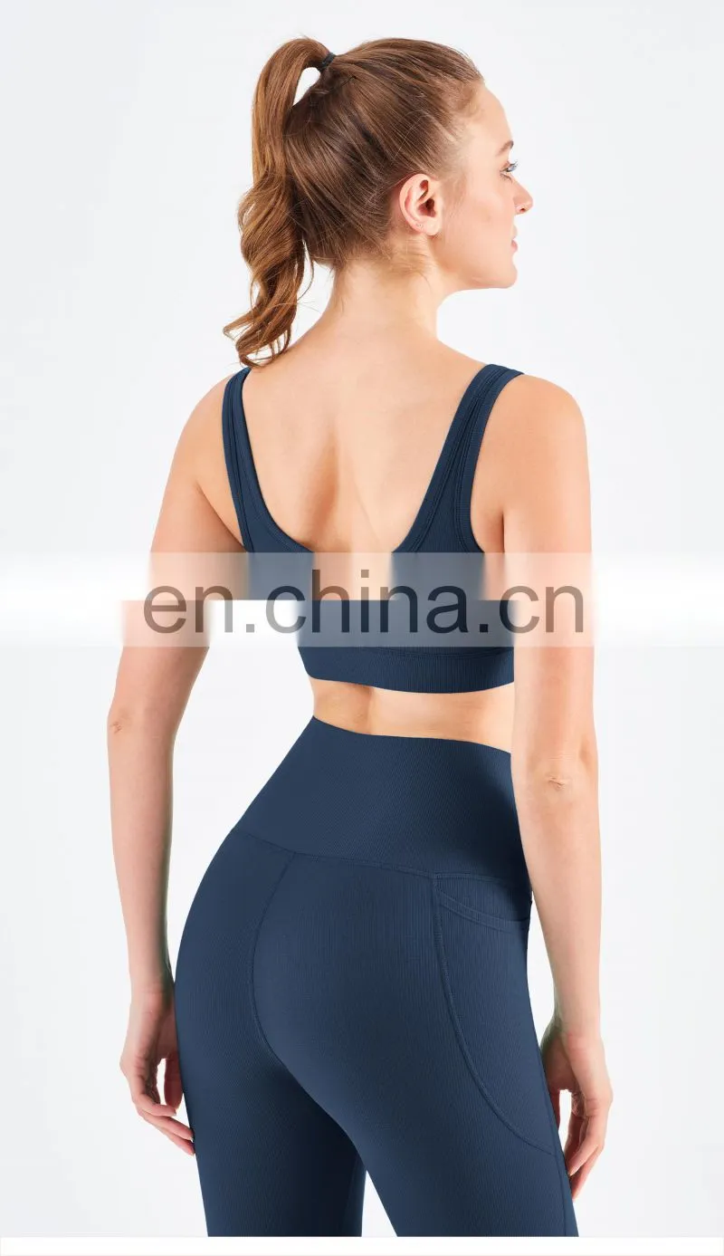 Wholesale Ribbed Covered Sports Bra High Impact Women Fitness Yoga Bra Side Gather
