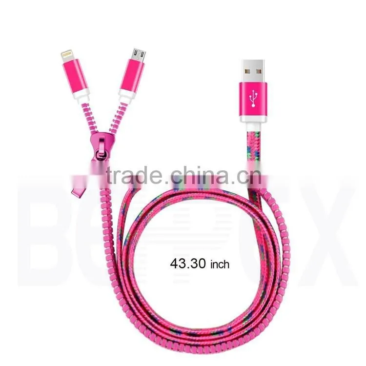 Colorful High Speed Flat Zipper 2 in 1 Data Micro USB Cable